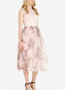 Ted Baker Pink Floral Midi Dress with Sheer Overlay